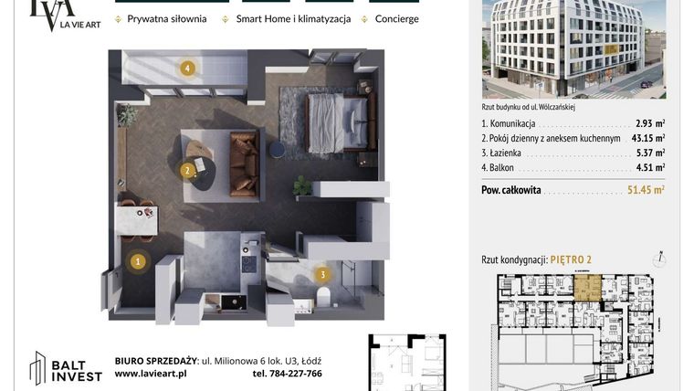 Rzut - Mieszkanie na sprzedaż 1 pokój o powierzchni 51,45 m² - numer M2.3 w La Vie Art