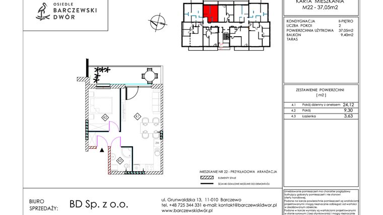 Rzut - Mieszkanie na sprzedaż 2 pokoje o powierzchni 37,05 m² - numer M22 w Osiedle Barczewski Dwór etap III