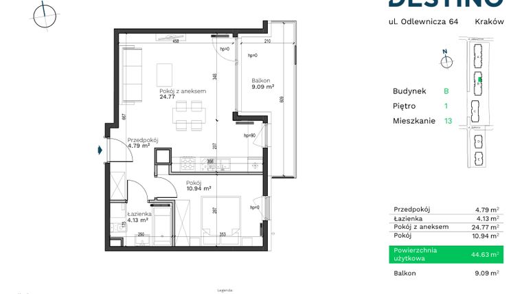 Rzut - Mieszkanie na sprzedaż 2 pokoje o powierzchni 44,63 m² - numer B-13 w Destino