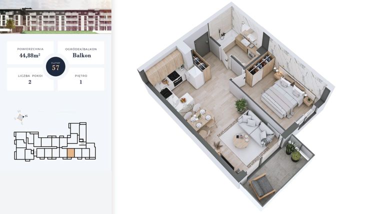 Rzut - Mieszkanie na sprzedaż 2 pokoje o powierzchni 44,88 m² - numer 57 w Apartamenty Home Premium etap 2