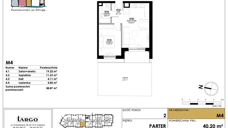 Rzut - Mieszkanie na sprzedaż 2 pokoje o powierzchni 38,87 m² - numer M4 w Kamieniczki za Strugą