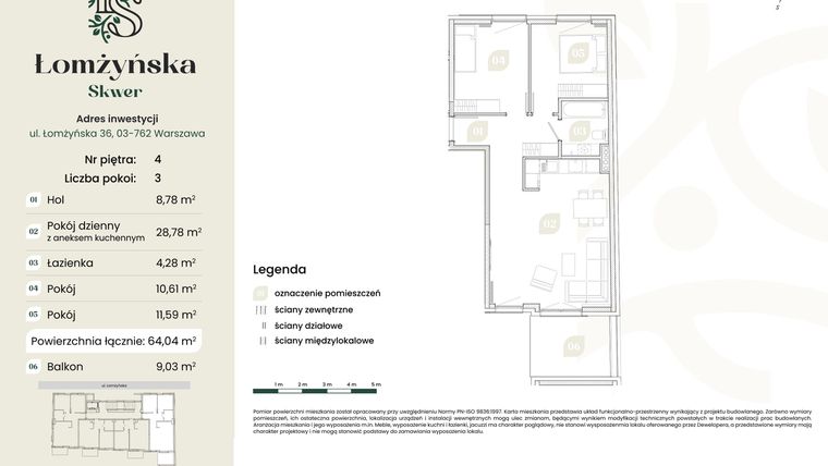 Rzut - Mieszkanie na sprzedaż 3 pokoje o powierzchni 64,04 m² - numer 16 w Łomżyńska Skwer