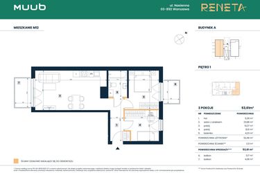 Rzut - Mieszkanie na sprzedaż 3 pokoje o powierzchni 52,48 m² - numer M12 w Reneta