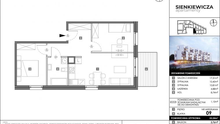 Rzut - Mieszkanie na sprzedaż 3 pokoje o powierzchni 60 m² - numer 09 w Sienkiewicza Apartamenty