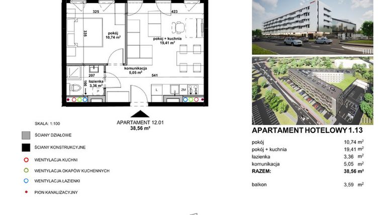 Rzut - Mieszkanie na sprzedaż 2 pokoje o powierzchni 47,07 m² - numer 113 w Apartamentowiec Zwycięska 3 - inwestycyjne