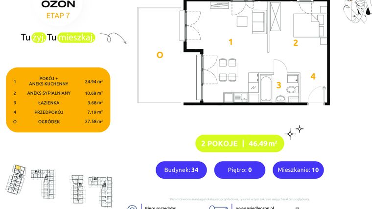 Rzut - Mieszkanie na sprzedaż 2 pokoje o powierzchni 46,49 m² - numer 34.10 w Osiedle Ozon etap VII