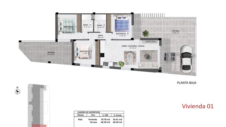 Rzut - Dom na sprzedaż 3 pokoje o powierzchni 92,61 m² - numer 1 w Domy w Pilar de la Horadada - 62773019