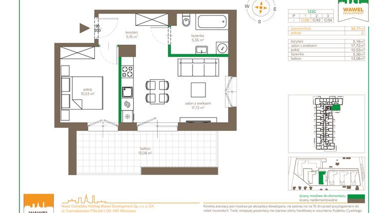 Rzut - Mieszkanie na sprzedaż 2 pokoje o powierzchni 38,39 m² - numer C/28 w Ostródzka 123 - I etap