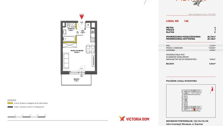 Rzut - Mieszkanie na sprzedaż 1 pokój o powierzchni 26,76 m² - numer 142 w Metro Art 6