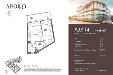 Rzut - Mieszkanie na sprzedaż 2 pokoje o powierzchni 43,2 m² - numer A.1.14 w Apollo Residence