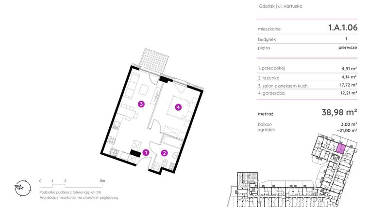 Rzut - Mieszkanie na sprzedaż 1 pokój o powierzchni 38,98 m² - numer 1.A.1.06 w Murapol Scarpa