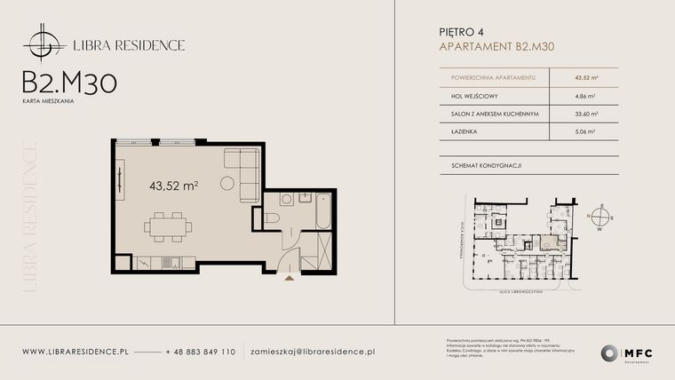 Rzut - Mieszkanie na sprzedaż 1 pokój o powierzchni 43,52 m² - numer B2.M30 w Libra Residence