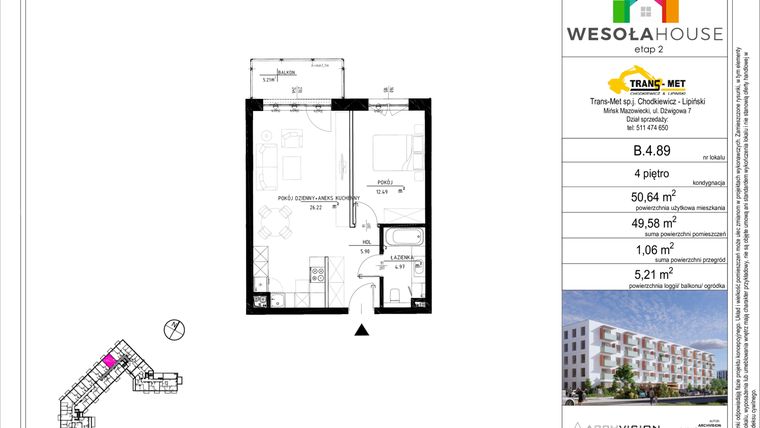 Rzut - Mieszkanie na sprzedaż 2 pokoje o powierzchni 49,58 m² - numer B.4.89 w Wesoła House Etap II