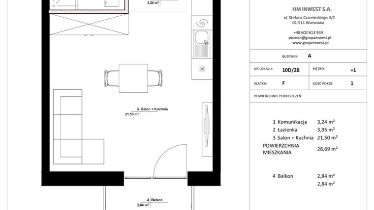 Rzut - Mieszkanie na sprzedaż 1 pokój o powierzchni 28,69 m² - numer 10D/28 w Jasielska 8C etap II
