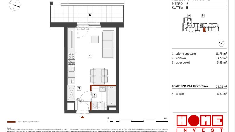 Rzut - Mieszkanie na sprzedaż 1 pokój o powierzchni 25,95 m² - numer B1-B126 w Warszawski Świt etap VIII