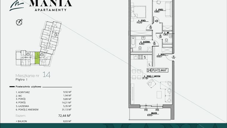 Rzut - Mieszkanie na sprzedaż 3 pokoje o powierzchni 72,44 m² - numer 14 w MANIA Apartamenty
