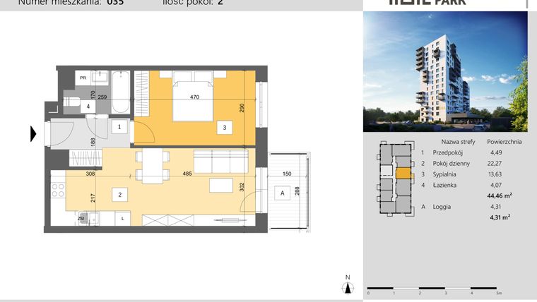 Rzut - Mieszkanie na sprzedaż 2 pokoje o powierzchni 44,46 m² - numer 35 w Dworzysko Park - Etap III