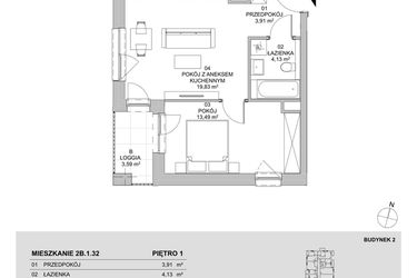Rzut - Mieszkanie na sprzedaż 2 pokoje o powierzchni 41,36 m² - numer 2B.1.32 w Francuska Park VIIIA