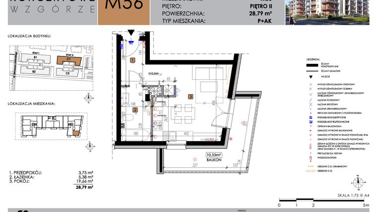 Rzut - Mieszkanie na sprzedaż 1 pokój o powierzchni 28,79 m² - numer C1_M56 w Koncertowe Wzgórze etap II