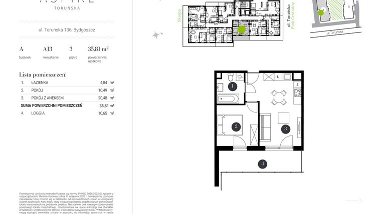 Rzut - Mieszkanie na sprzedaż 2 pokoje o powierzchni 35,81 m² - numer A.13 w Aspire