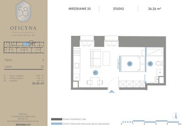 Rzut - Mieszkanie na sprzedaż 1 pokój o powierzchni 26,26 m² - numer 33 w Oficyna - Apartamenty Inwestycyjne Apart Hotel
