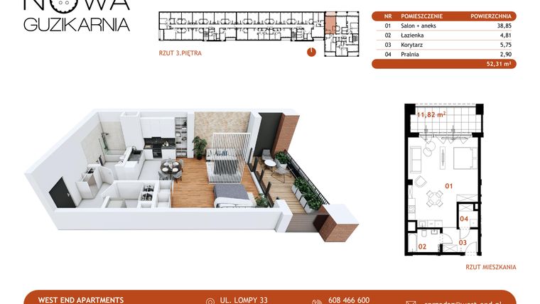 Rzut - Mieszkanie na sprzedaż 1 pokój o powierzchni 52,31 m² - numer A.3.121 w Nowa Guzikarnia