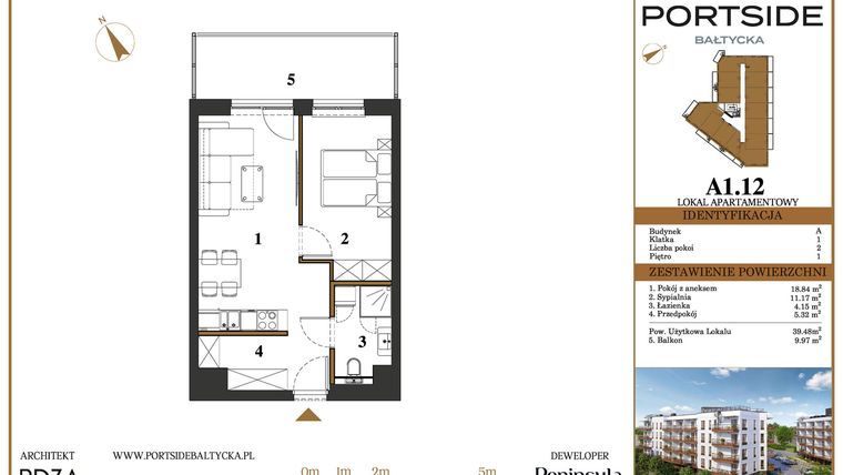 Rzut - Mieszkanie na sprzedaż 2 pokoje o powierzchni 39,48 m² - numer A1.12 w Portside Bałtycka