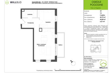 Rzut - Mieszkanie na sprzedaż 2 pokoje o powierzchni 44,84 m² - numer OP/A1/P2/13 w Osiedle Pogodne etap I