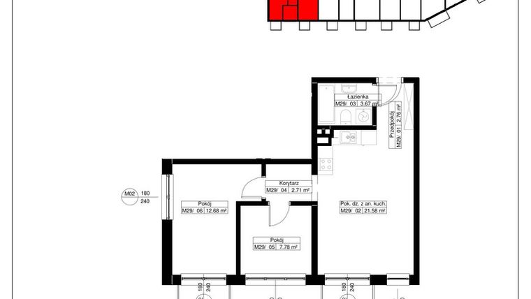 Rzut - Mieszkanie na sprzedaż 3 pokoje o powierzchni 51,18 m² - numer 29 w Światowida 61B