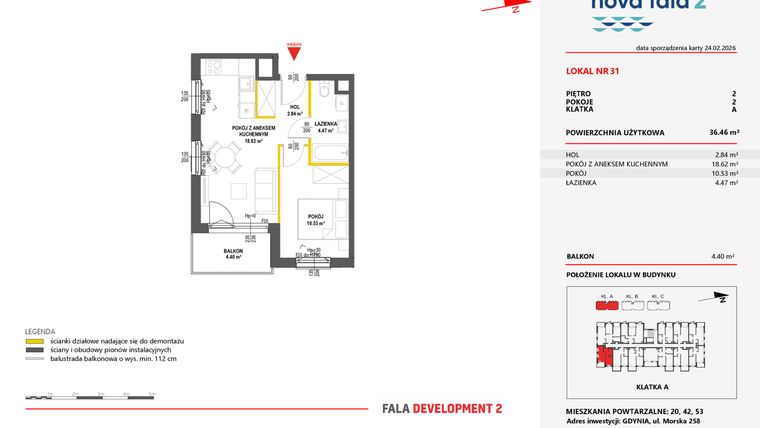 Rzut - Mieszkanie na sprzedaż 2 pokoje o powierzchni 36,46 m² - numer 31 w Miasteczko Nova Fala 2