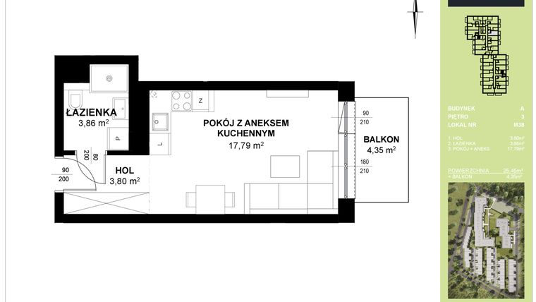 Rzut - Mieszkanie na sprzedaż 1 pokój o powierzchni 25,45 m² - numer A_M38 w Triton Kampinos III