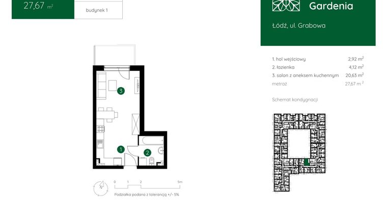 Rzut - Mieszkanie na sprzedaż 1 pokój o powierzchni 27,67 m² - numer 1.B.1.14 w Murapol Gardenia
