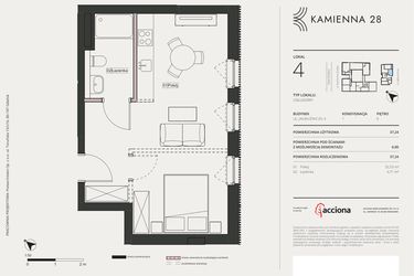 Rzut - Mieszkanie na sprzedaż 1 pokój o powierzchni 37,24 m² - numer 4.4 w Kamienna 28 - apartamenty inwestycyjne