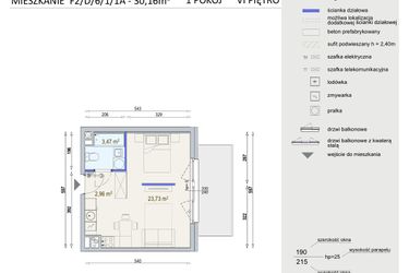 Rzut - Mieszkanie na sprzedaż 1 pokój o powierzchni 30,16 m² - numer D/6/1/1A w Modern Mokotów bud. F1 i F2