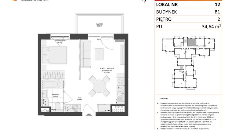 Rzut - Mieszkanie na sprzedaż 1 pokój o powierzchni 34,64 m² - numer 12 w Locus 2