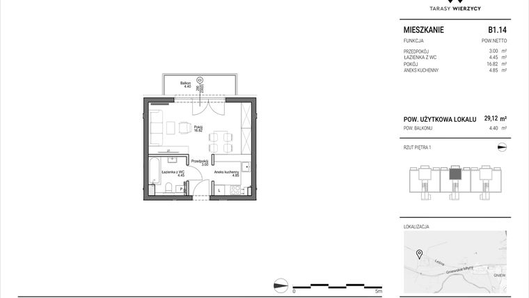 Rzut - Mieszkanie na sprzedaż 1 pokój o powierzchni 29,12 m² - numer B1.14 w Tarasy Wierzycy