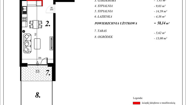 Rzut - Mieszkanie na sprzedaż 3 pokoje o powierzchni 58,14 m² - numer 5 w Enklawa Milanówek