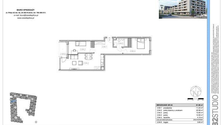 Rzut - Mieszkanie na sprzedaż 3 pokoje o powierzchni 61,79 m² - numer M64 w Osiedle Piltza etap X