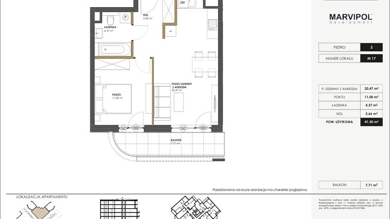 Rzut - Mieszkanie na sprzedaż 2 pokoje o powierzchni 41,5 m² - numer M17 w SENGERA 1