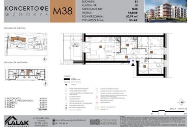 Rzut - Mieszkanie na sprzedaż 3 pokoje o powierzchni 50,99 m² - numer B1.38 w Koncertowe Wzgórze