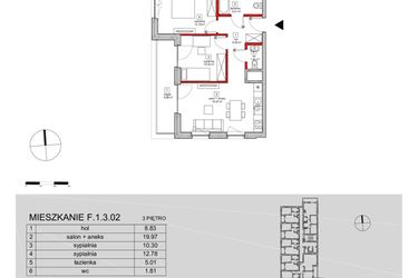 Rzut - Mieszkanie na sprzedaż 3 pokoje o powierzchni 61,1 m² - numer F.1.3.02 w ATAL SKY+ bud. D-F
