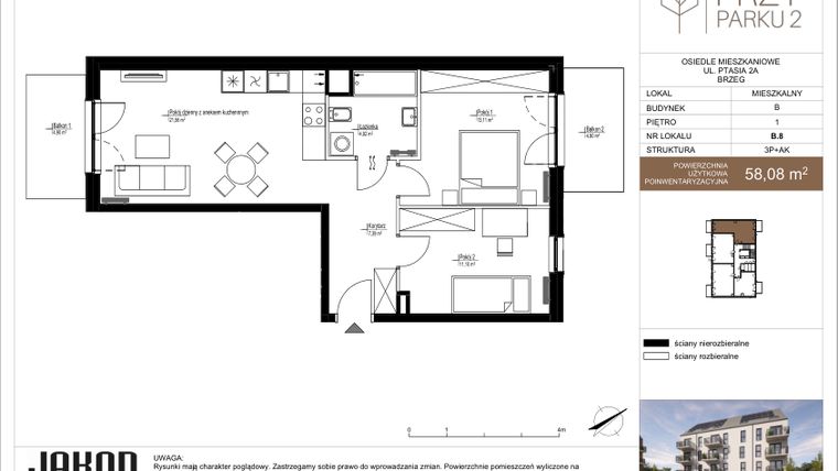 Rzut - Mieszkanie na sprzedaż 3 pokoje o powierzchni 58,08 m² - numer B.8 w Przy Parku 2