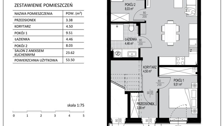 Rzut - Mieszkanie na sprzedaż 3 pokoje o powierzchni 53,5 m² - numer D11 w Kowalove etap 2