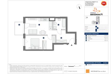Rzut - Mieszkanie na sprzedaż 2 pokoje o powierzchni 43,56 m² - numer D32 w Osiedle Bokserska 71 Etap 2 Faza 3