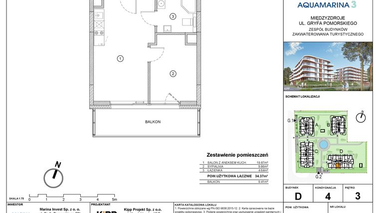Rzut - Mieszkanie na sprzedaż 2 pokoje o powierzchni 34,37 m² - numer D4.01 w Aquamarina 3