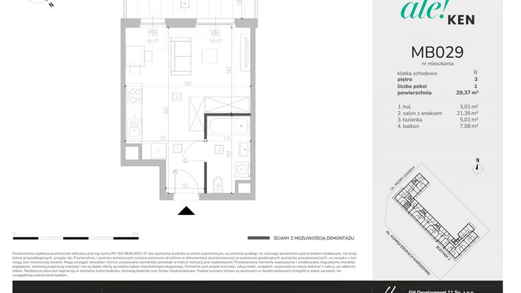 Rzut - Mieszkanie na sprzedaż 1 pokój o powierzchni 29,37 m² - numer MB029 w Ale!Ken etap 2