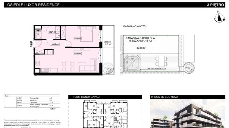 Rzut - Mieszkanie na sprzedaż 2 pokoje o powierzchni 48,4 m² - numer A1.45 w Luxor Residence
