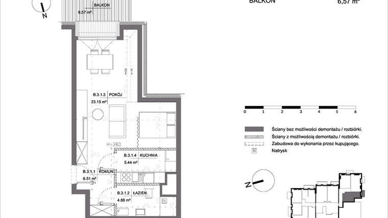 Rzut - Mieszkanie na sprzedaż 1 pokój o powierzchni 39,98 m² - numer B.3.1 w Polanka 21