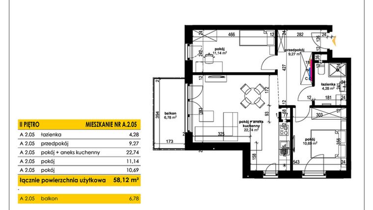 Rzut - Mieszkanie na sprzedaż 3 pokoje o powierzchni 58,12 m² - numer A 2.05 w Park Moniuszki II C