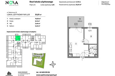 Rzut - Mieszkanie na sprzedaż 2 pokoje o powierzchni 31,01 m² - numer L.U. 9 w Nova Radiostacja - apartamenty inwestycyjne
